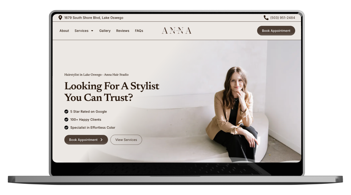 Anna Hair Studio website hero section within a laptop frame
