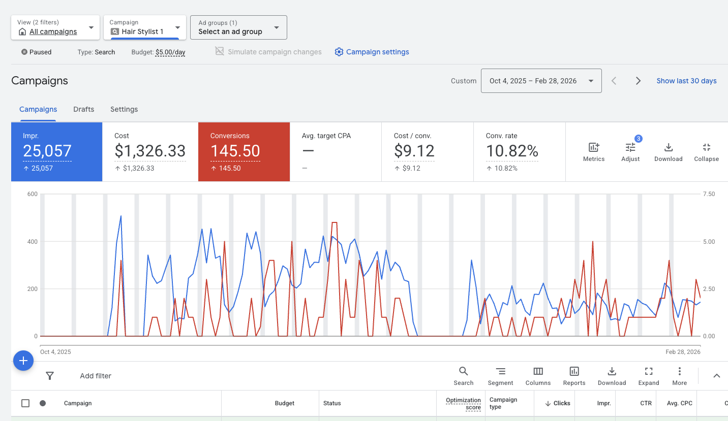 google ads dashboard showing great results