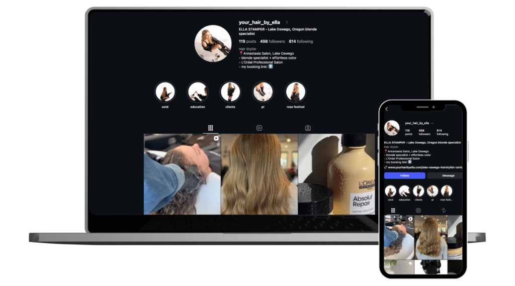 hair stylist instagram profile in frame of laptop and phone